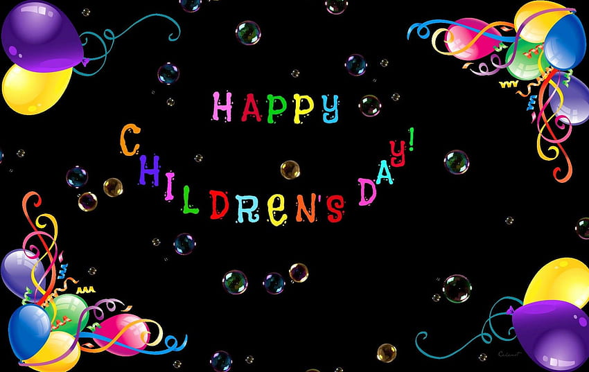 Happy Children's Day!, azul, por cehenot, preto, cores, dia, balões, 1 de junho, feliz, crianças, roxo, rosa, palavra, arco íris, verde, amarelo, vermelho, cartão papel de parede HD