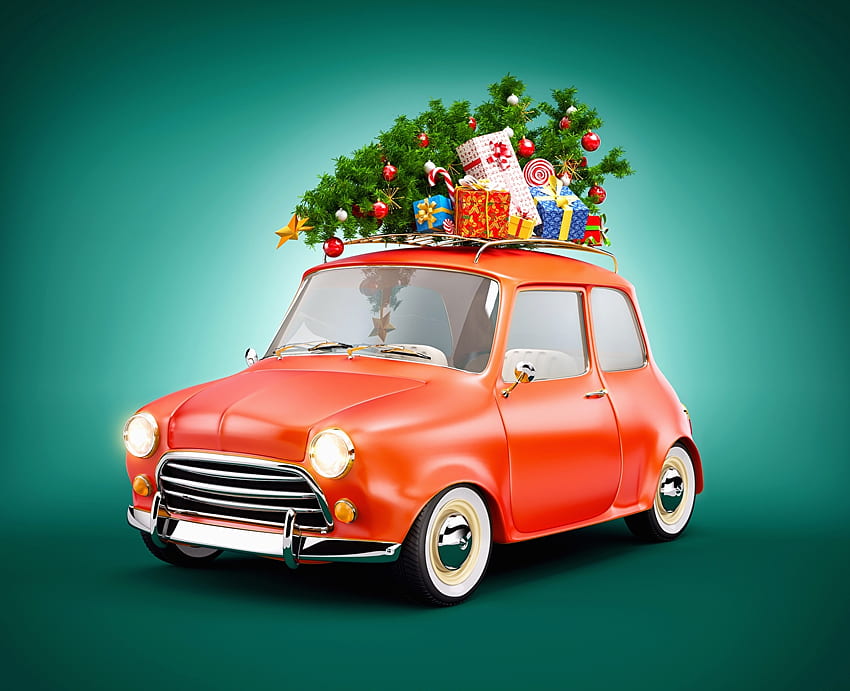 Auto di Babbo Natale rosso con scatole regalo, strada, auto, Natale, albero, regali Sfondo HD