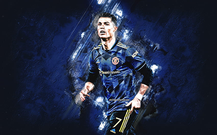 Cristiano Ronaldo, Manchester United FC, Blue Stone Background, CR7, Manchester United Blue T-shirt, Ronaldo Manchester United, กรันจ์อาร์ต, ฟุตบอล วอลล์เปเปอร์ HD