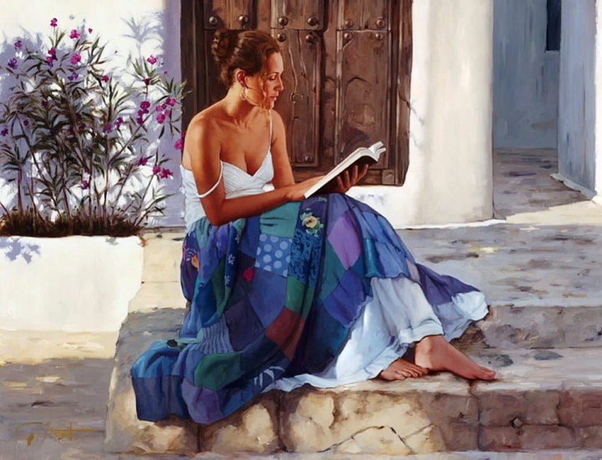 Painting by Gabriel Picart, backyard, reading, art, other, beautiful, woman, summer, outside, painting, abstract, artist, painter, Gabriel Picart HD wallpaper