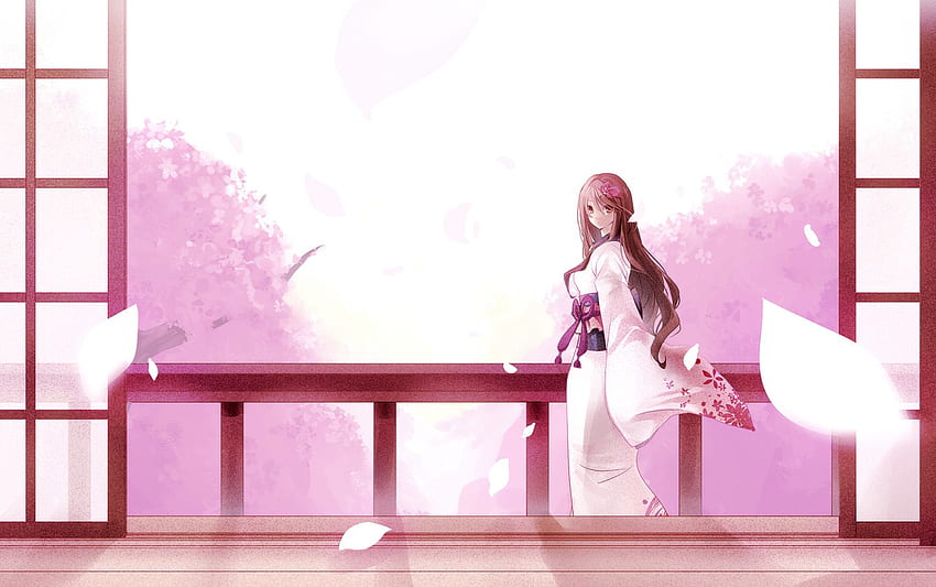 Cherry Petals, japanese, abstract, anime, fantasy, cherry, blossoms, trees, girl HD wallpaper