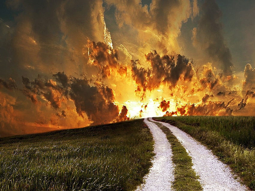 Nature, Sunset, Sky, Clouds, Road, Field HD wallpaper