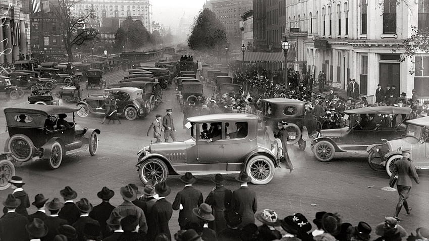 วินเทจ วอชิงตันดีซีในยุค 20 คำราม การจราจร รถราง เมือง รถยนต์ ถนน คน วอลล์เปเปอร์ HD