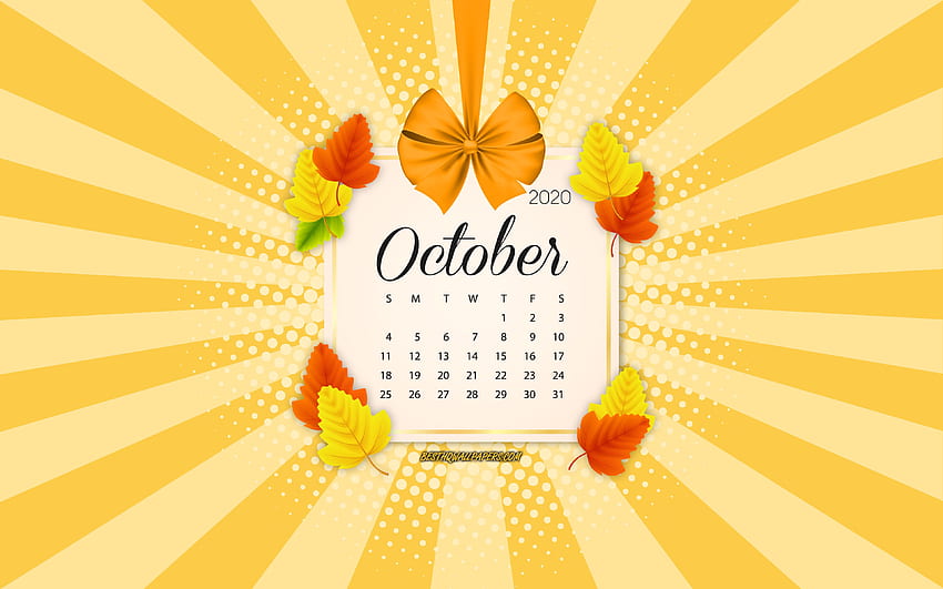Calendario ottobre 2020, arancione, calendari autunno 2020, ottobre, calendari 2020, foglie autunnali, stile retrò, calendario ottobre 2020, calendario con foglie per risoluzione . Alta qualità Sfondo HD