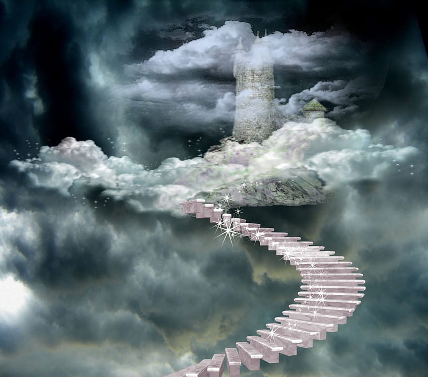 Steps to Heaven Castle, artwork, clouds, stairs, tower HD wallpaper