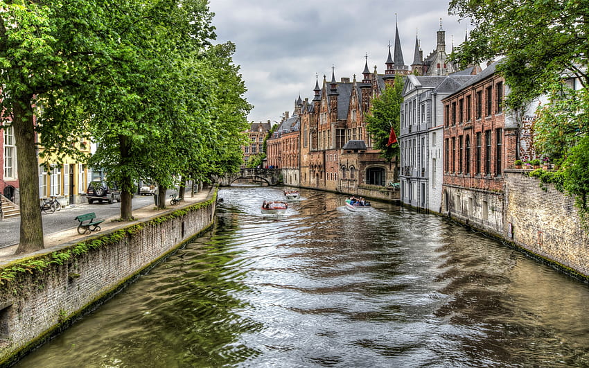 Belçika, Bruges, nehir, tekneler, şehir, evler , , Bruges Belçika HD duvar kağıdı