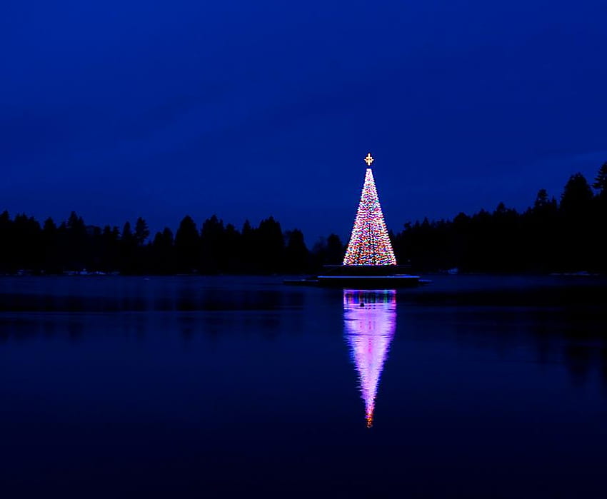 Christmas on the lake, winter, night, british columbia, blue sky and water, lights, christmas HD wallpaper