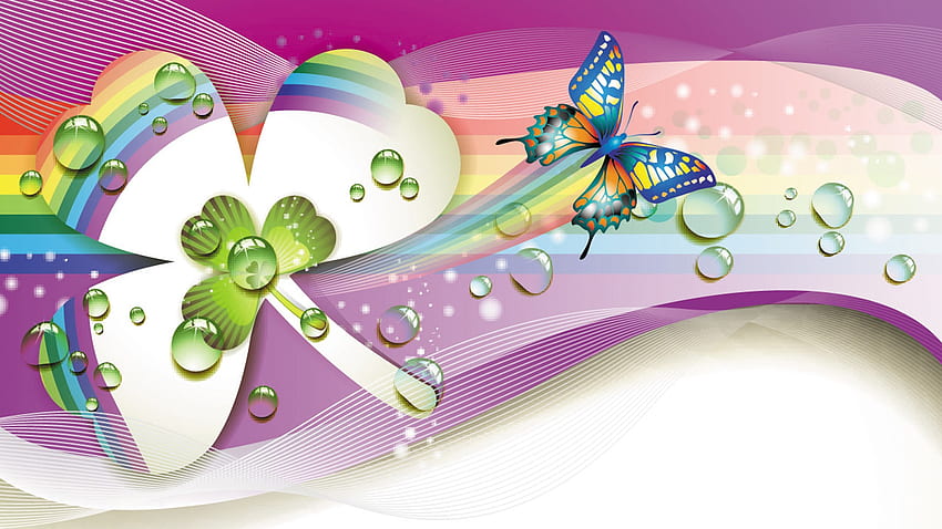 Butterfly Magic 3, abstract, dew drops, rainbow, swirls, butterfly, clover, swish, glow bubbles HD wallpaper