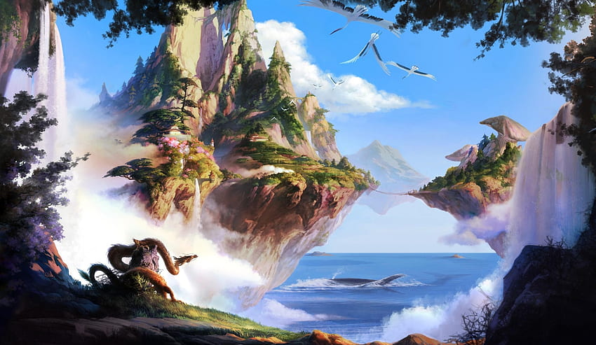 Fantasy, Trees, Sky, Sea, Waterfall, Islands HD wallpaper