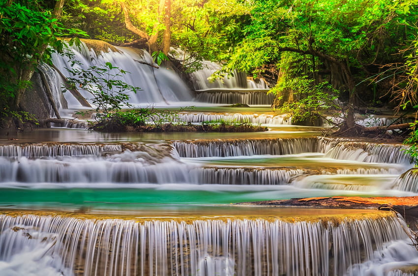 Erawan Waterfalls, river, Thailand, waterfalls, beautiful, water curtain, summer, turquoise, trees, forest HD wallpaper