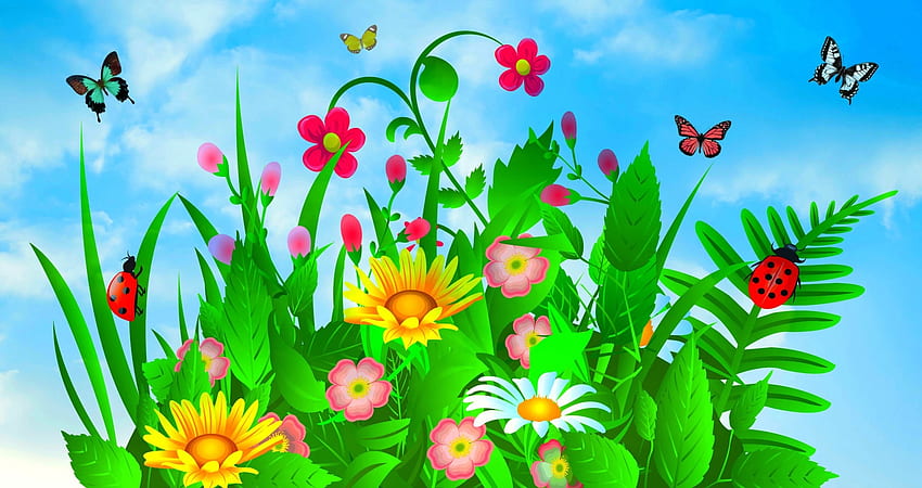 Fleurs de printemps, papillons, coccinelles, feuilles, nuages, ciel, fleurs, printemps Fond d'écran HD