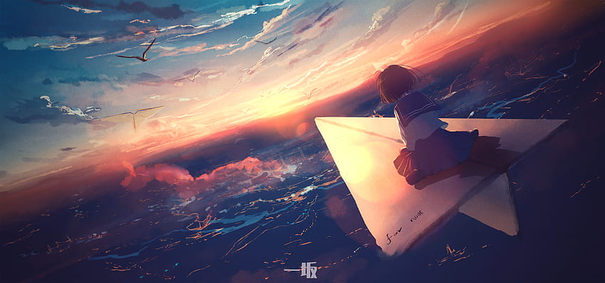 Dziewczyna z anime latający papierowy samolot, anime, , , tło i Tapeta HD
