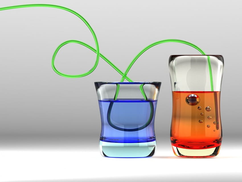 実験的なグラス、グラス、緑のストロー、実験、着色された液体 高画質の壁紙
