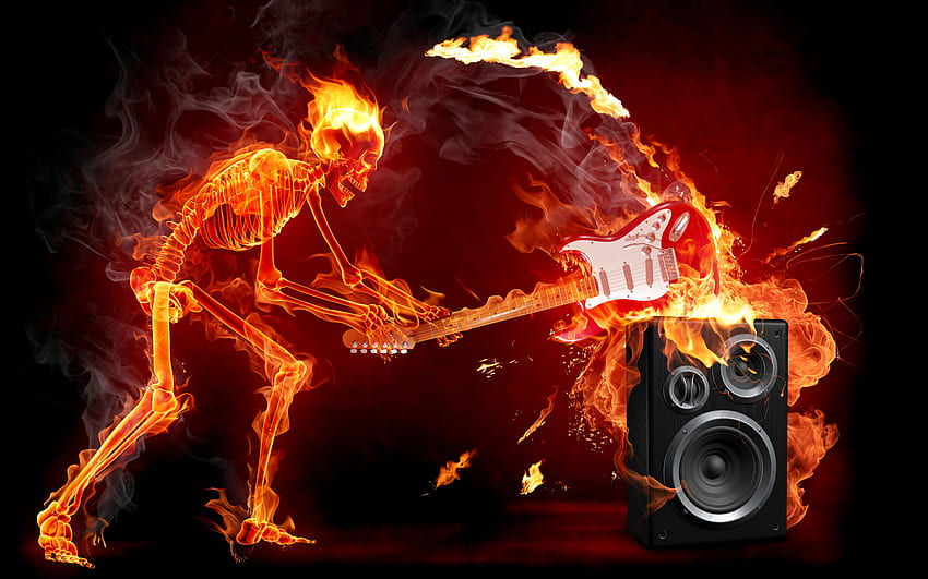 Skelet on fire разбива китара на високоговорител, хардрок, скелет, високоговорител, череп, китара, адски огън, рок, ад, музика, разбиващ, огън HD тапет