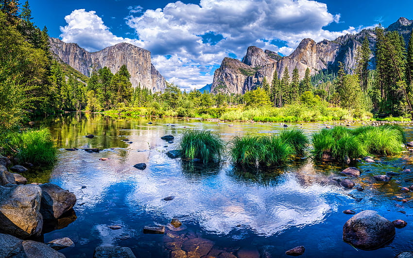 Yosemite National Park, verão, R, vale, montanhas, rio, Califórnia, América, bela natureza, marcos americanos, EUA papel de parede HD