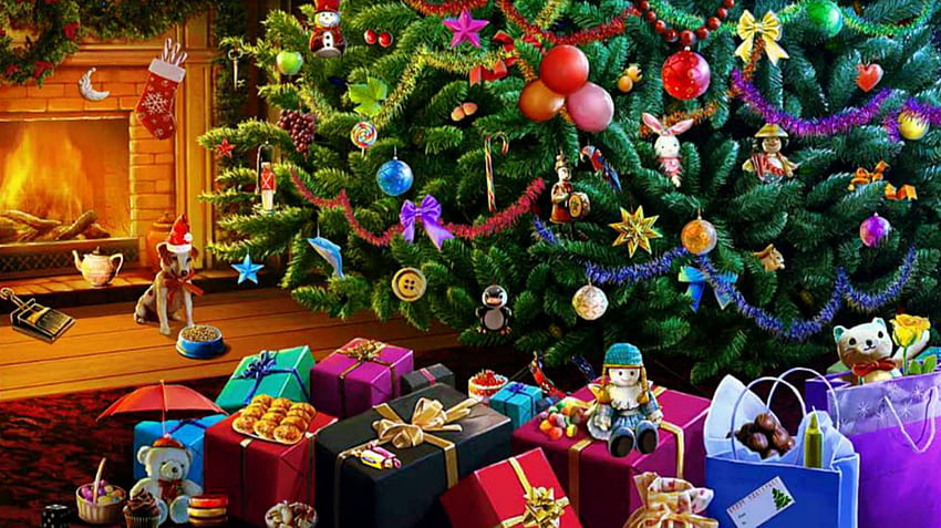 Under the Christmas tree, dog, christmas, decorations, gifts, furnace, tree HD wallpaper