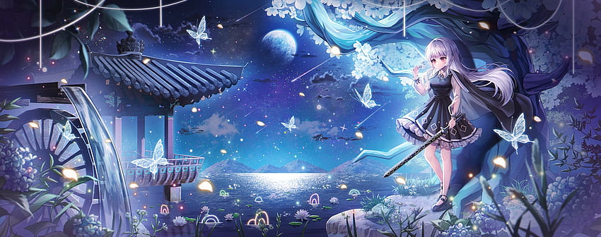 :), water, blue, anime, bird, space, girl, manga HD wallpaper