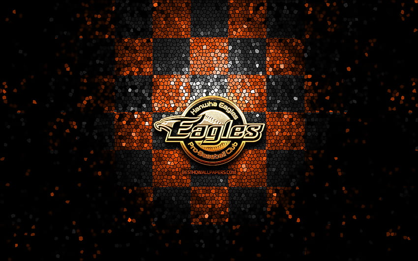 Hanwha Eagles, glitter logo, KBO, orange black checkered background, baseball, South Korean baseball team, Hanwha Eagles logo, mosaic art HD wallpaper