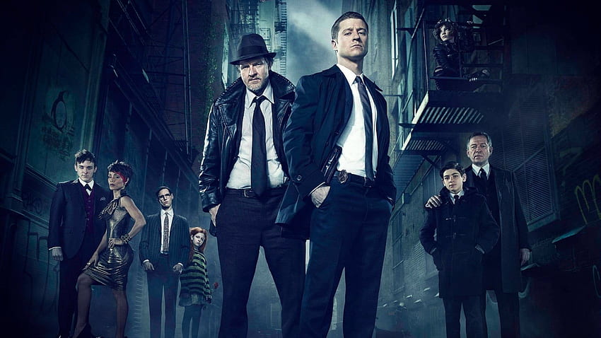 Groupe de personnes avec une affiche de film sur fond de ville, Gotham Saison 5 Fond d'écran HD