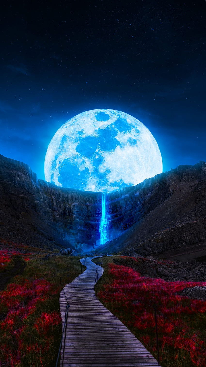 Waterfall, atmosphere, sky, red-plants, blue-moon, wooden-dock, dock HD phone wallpaper