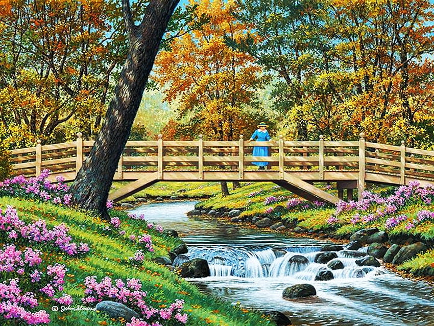 Make a wish, river, painting, bridge, trees, flowers, woman, stones HD wallpaper