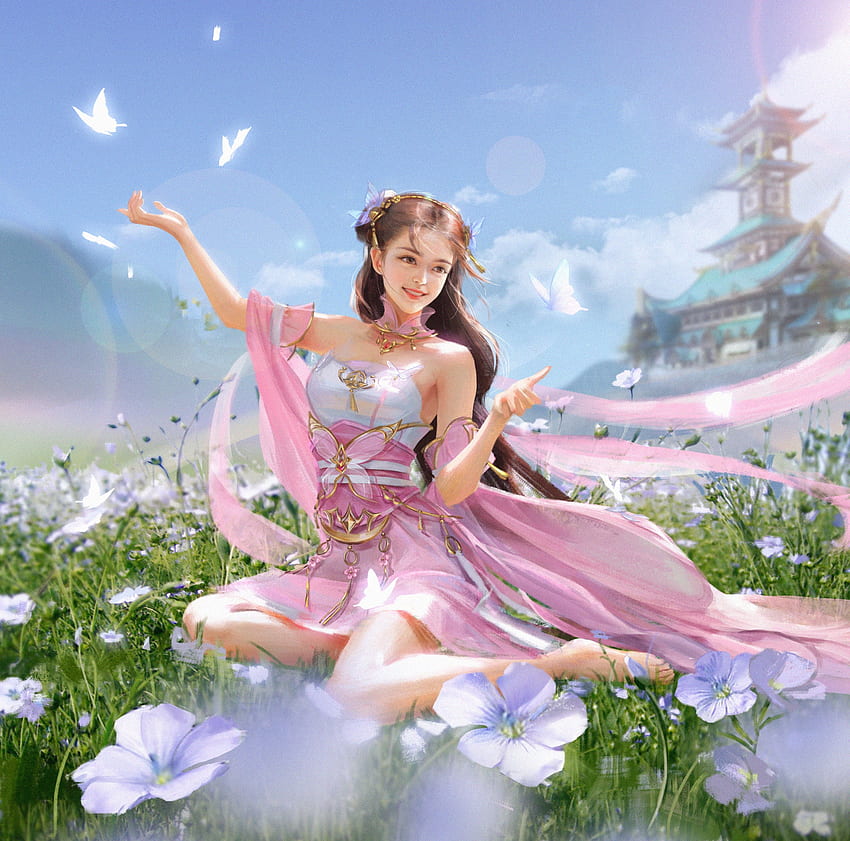 Princess, asian, art, girl, pink, fantasy, flower, green, luminos, castle, jianyachi l HD wallpaper