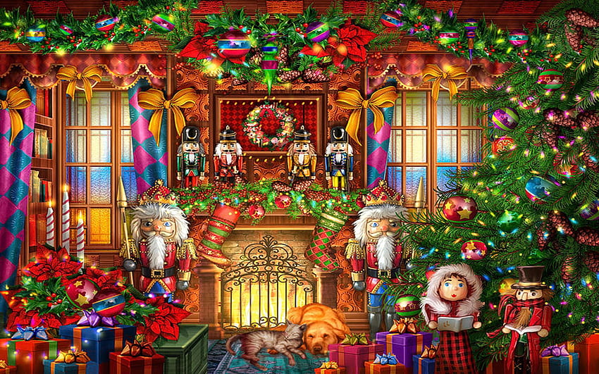 Christmas, decoration, toys, ornaments, dog, digital, art HD wallpaper