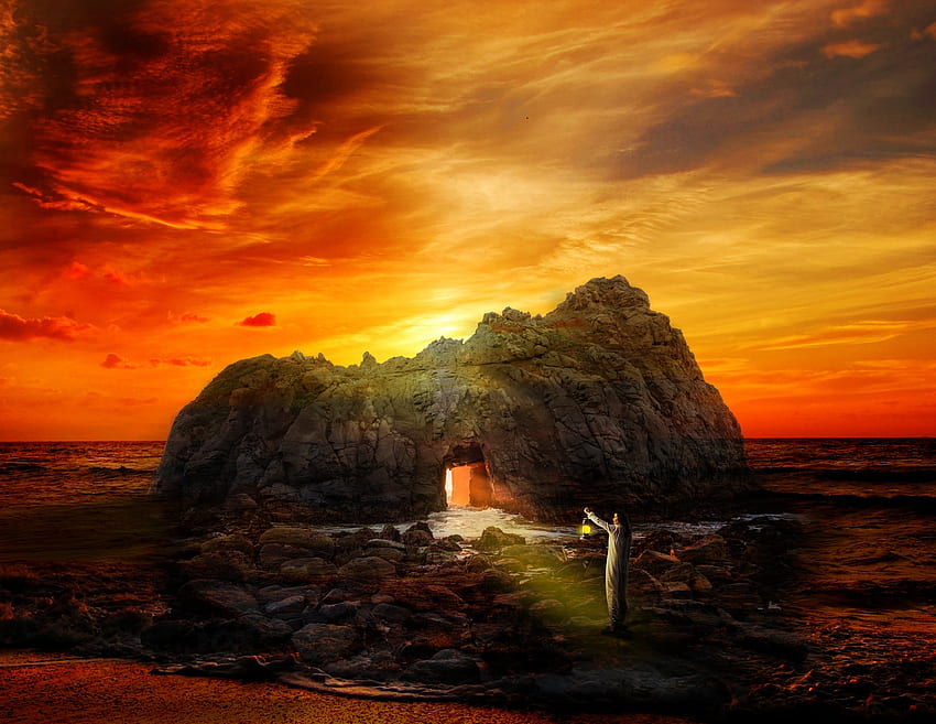 Fantasie, Meer, Felsen, Mensch, Person, Höhle, Allein, Einsam HD-Hintergrundbild
