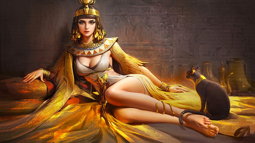 クレオパトラ、エジプトの女王、デジタル、アート、ファンタジー、美しい、女の子、猫、女性 高画質の壁紙