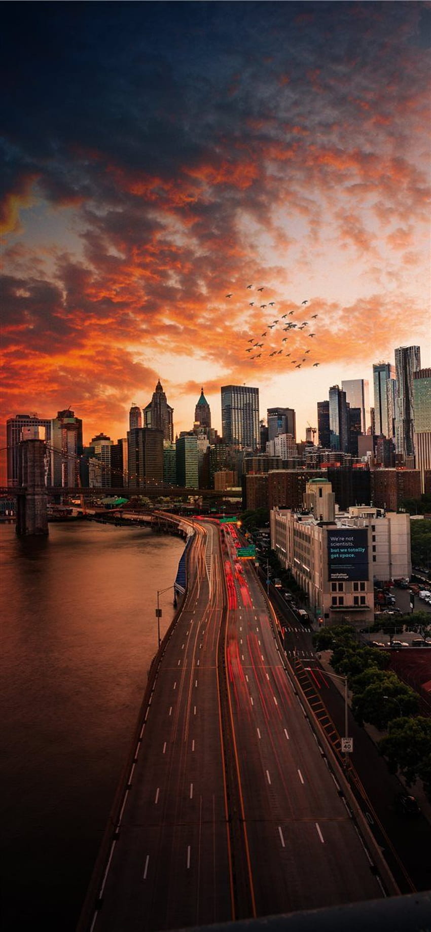 Puesta de sol sobre el puente de Manhattan iPhone X. Atardecer en nueva york, Puesta de sol en la ciudad, Nueva york fondo de pantalla del teléfono