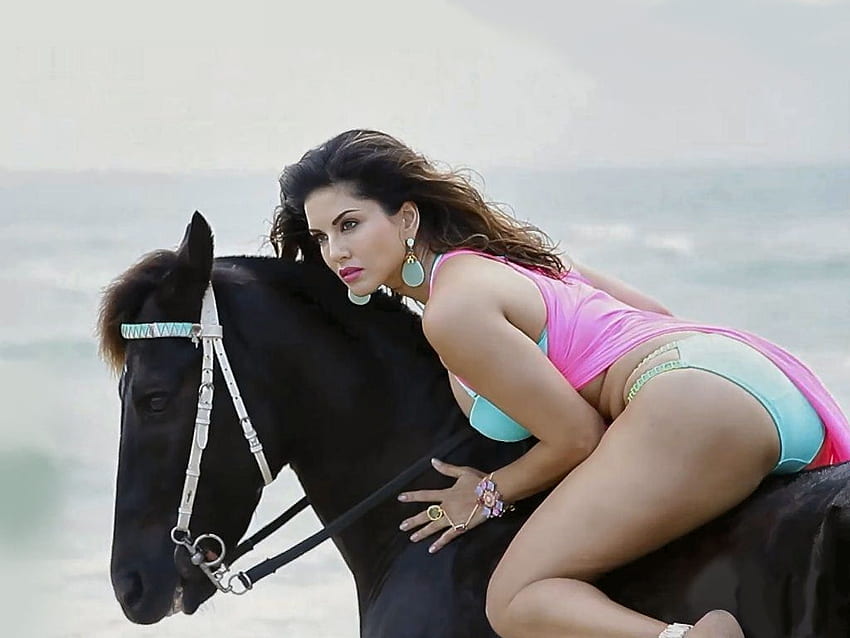 Przejażdżka na plaży. ., styl, kowbojka, zabawa, brunetki, plaża, moda, konie, na dworze, Sunny Leone, kobiety, modele, western, kobieta Tapeta HD