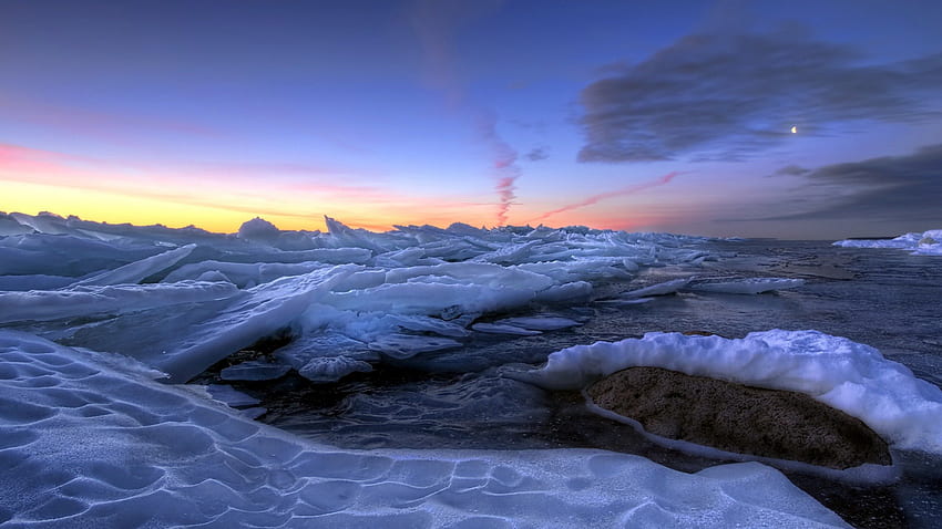 mare ghiacciato, mare, ghiacciato, cielo, tramonto, ghiaccio Sfondo HD