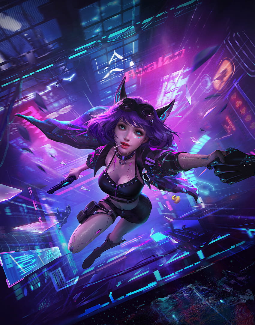 Cyberpunk, gadis elf, fantasi, seni wallpaper ponsel HD