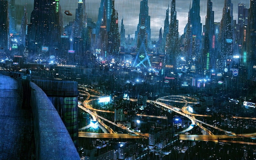 градове киберпънк нощни светлини научна фантастика, дигитален град HD тапет
