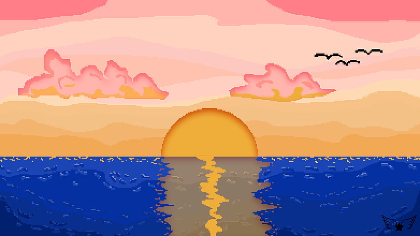 Pixel Art Sunset Clouds Sea Blue Pink - Resolution: HD wallpaper