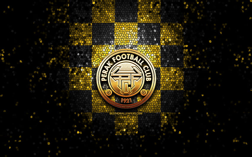 Perak FC, logo glitter, Liga Super Malaysia, latar belakang kotak-kotak hitam kuning, sepak bola, klub sepak bola Malaysia, logo Perak FC, seni mosaik, sepak bola, FC Perak Wallpaper HD