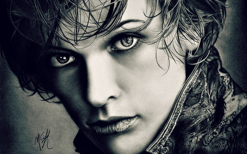 Milla Jovovich, blue, white, black, art, girl, actress, woman, face HD ...