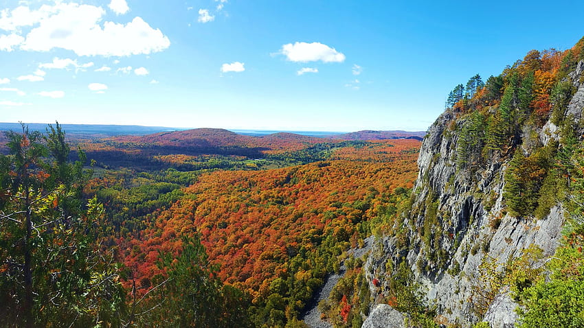 Robertson Cliffs overlooking Lake Superior, north of Sault Ste. Marie, Ontario, landscape, trees, autumn, sky, rocks, forest, usa HD wallpaper