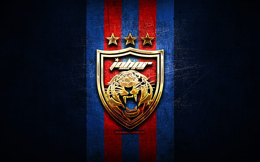 Johor Darul Tazim FC, altın logo, Malezya Süper Lig, mavi metal arka plan, futbol, ​​Malezya Futbol Kulübü, Johor Darul Tazim logo, Johor Darul Tazim, Johor DT HD duvar kağıdı