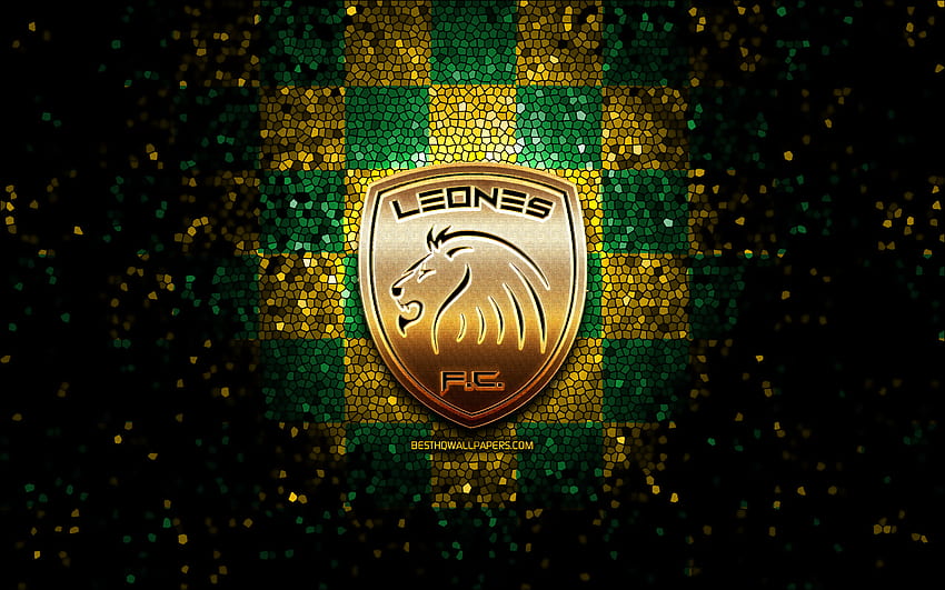 Itagui Leones FC, glitter logo, Categoria Primera A, green yellow checkered background, soccer, colombian football club, Itagui Leones logo, mosaic art, football, Itagui Leones, Colombian football league HD wallpaper