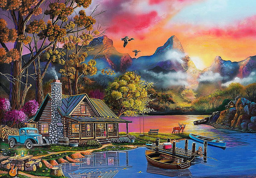 Fishfull Thinking, река, кола, планина, кабина, произведение на изкуството, , дървета, къщичка, природа, риба, залез HD тапет