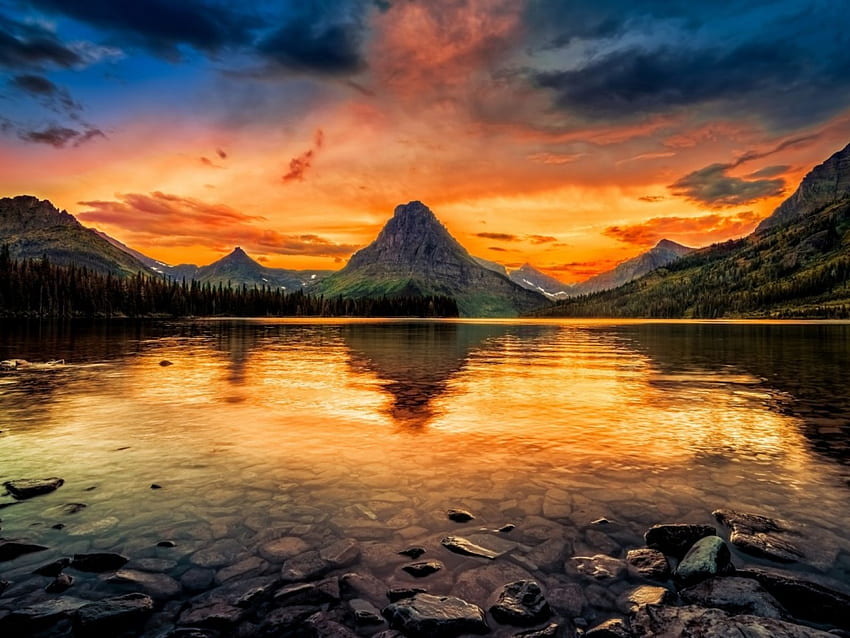 Two Medicine Lake,USA, two medicine lake, glow, rocks, usa, mountain, lake, park, trees, sky, mountains, forest, sunset HD wallpaper