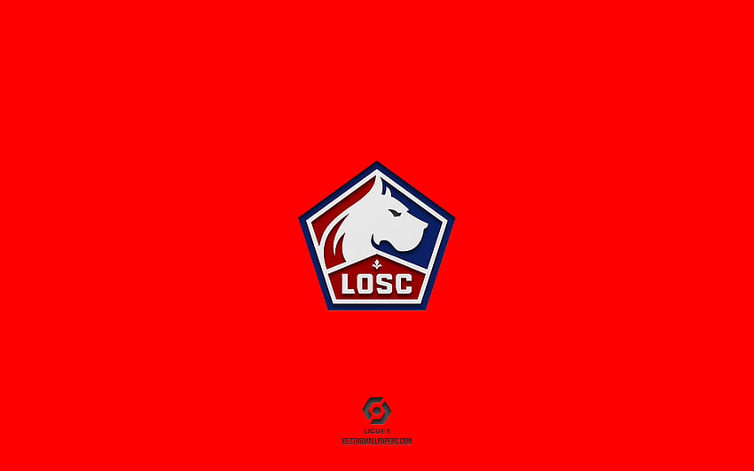 Lille OSC, red background, French football team, Lille OSC emblem, Ligue 1, Lille, France, football, Lille OSC logo HD wallpaper