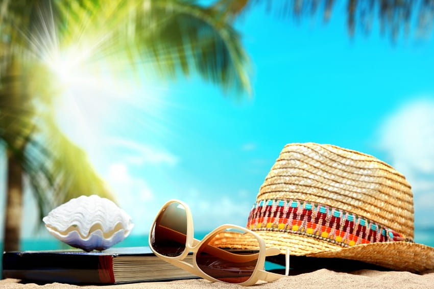 Лятна ваканция, палми, слънце, лято, тропически, очила, шапка, плаж HD тапет