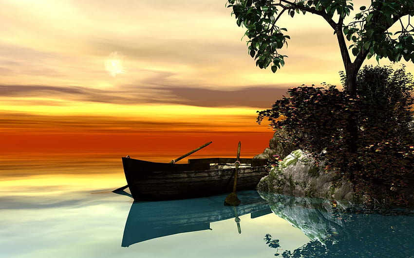 barca a remi in una scena serena, mare, barca, tramonto, roccia, albero Sfondo HD