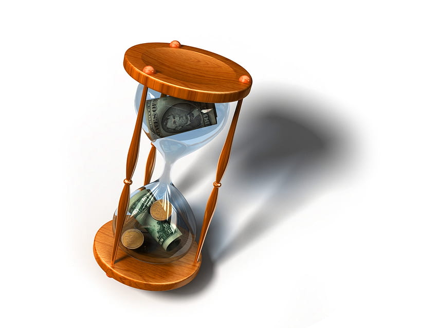 Time is Money, hourglass, time, 3d, coins, money HD wallpaper