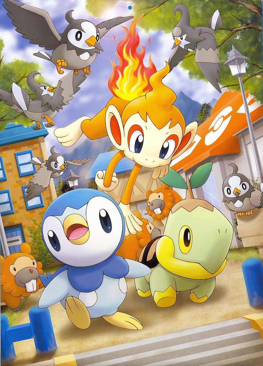 Pokémon (Chimchar, Piplup, Turtwig, Starly, Bidoof, Staravia) HD phone wallpaper