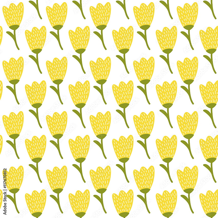 Modello di tulipano giallo doodle semplice. Fondo senza cuciture del fiore sveglio. Estate . Illustrazione vettoriale. Stock Vector, modello estivo carino Sfondo del telefono HD