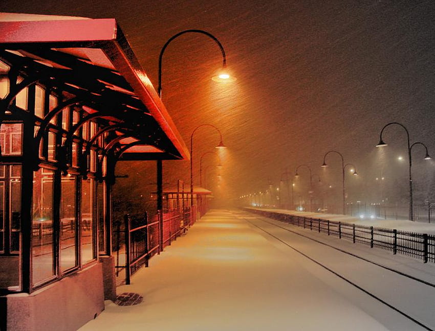 stazione, inverno, scartamento, luci, neve, sera Sfondo HD
