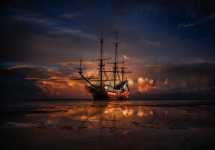 Sail ship, sunset, seashore, sea HD wallpaper